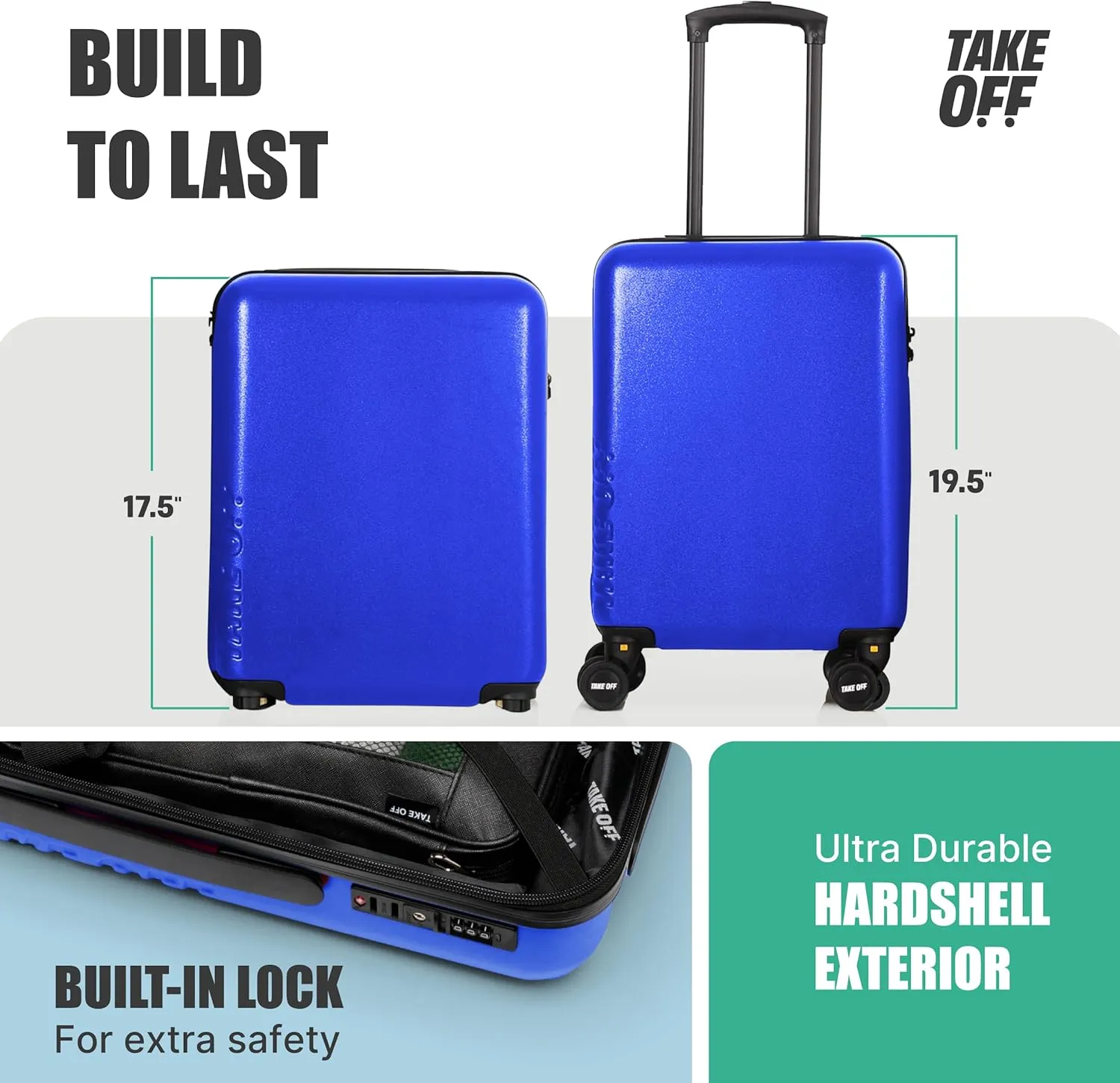 Take OFF Luggage 3.0 - Personal Item, 18x14x8 Inches, Underseat Suitcase with Removable Wheels, Hard Shell Luggage, Small Carry On Overnight Weekender, Airport & Travel Essentials, TSA Approved, Blue