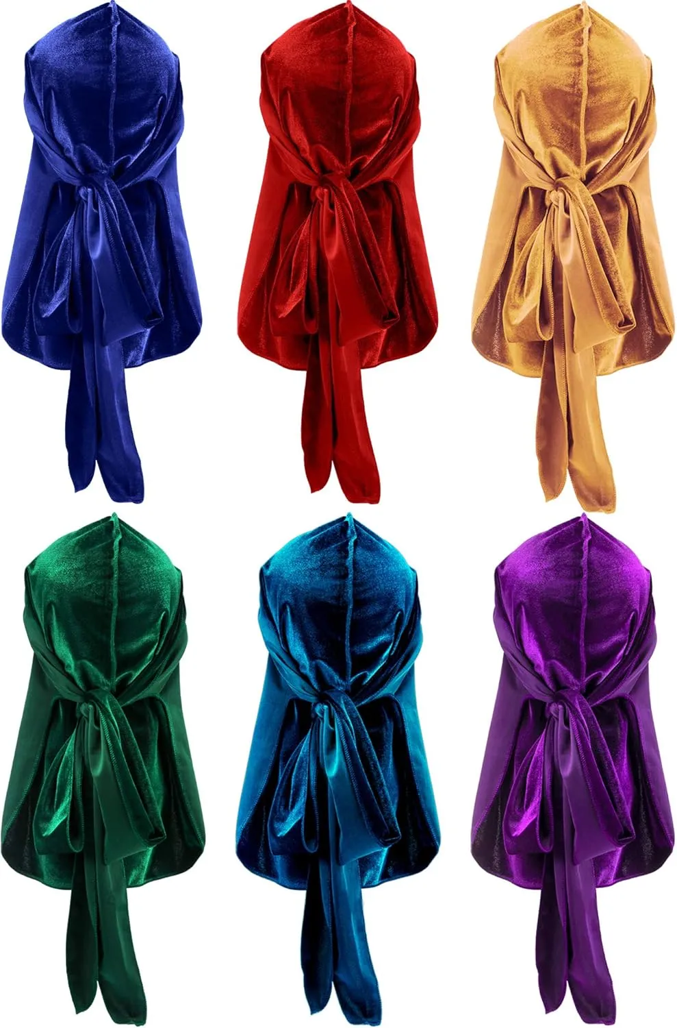 Tatuo 6 Pieces Velvet Durag for Men Stretchable Luxury Wave Cap with Long Tail and Wide Straps for Men Women