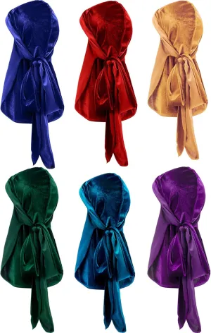 Tatuo 6 Pieces Velvet Durag for Men Stretchable Luxury Wave Cap with Long Tail and Wide Straps for Men Women