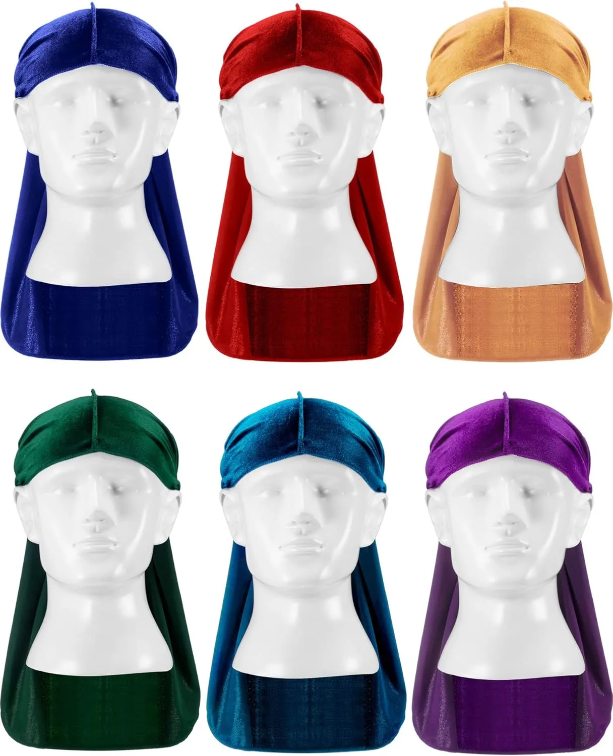Tatuo 6 Pieces Velvet Durag for Men Stretchable Luxury Wave Cap with Long Tail and Wide Straps for Men Women