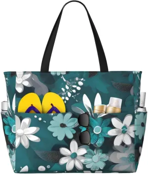 Teal Grey and White Floral Print 28L Beach Tote Bag, Water-resistant Travel Tote, Lightweight Gym & Camping Carryall