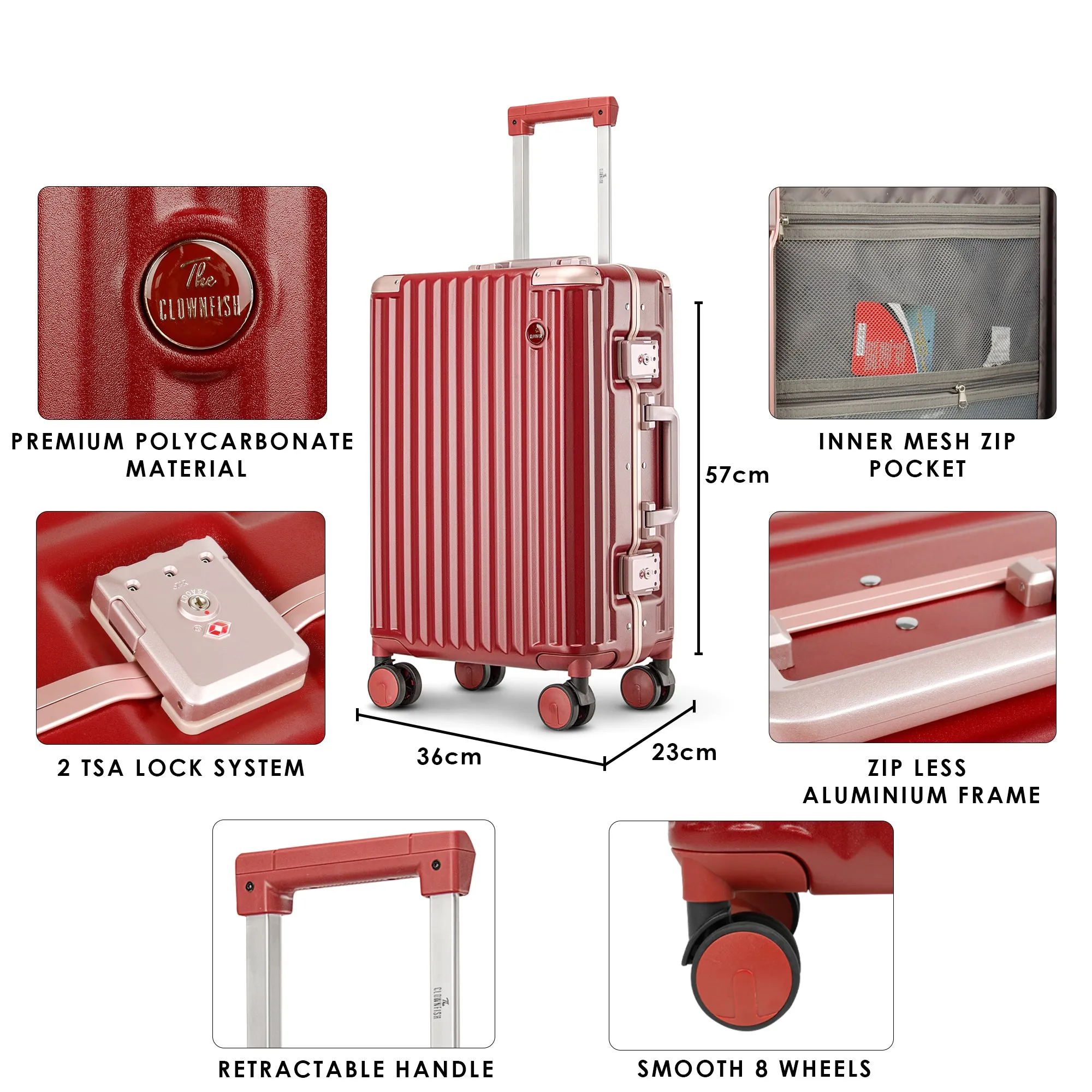 THE CLOWNFISH Stark Series Luggage Polycarbonate Hard Case Suitcase Eight Wheel Trolley Bag with Double TSA Locks- Crimson Red (Small Size, 57 cm-22 inch)