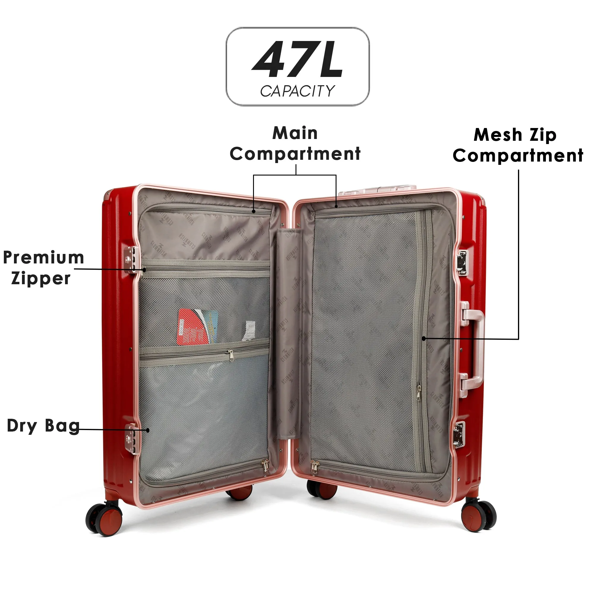 THE CLOWNFISH Stark Series Luggage Polycarbonate Hard Case Suitcase Eight Wheel Trolley Bag with Double TSA Locks- Crimson Red (Small Size, 57 cm-22 inch)