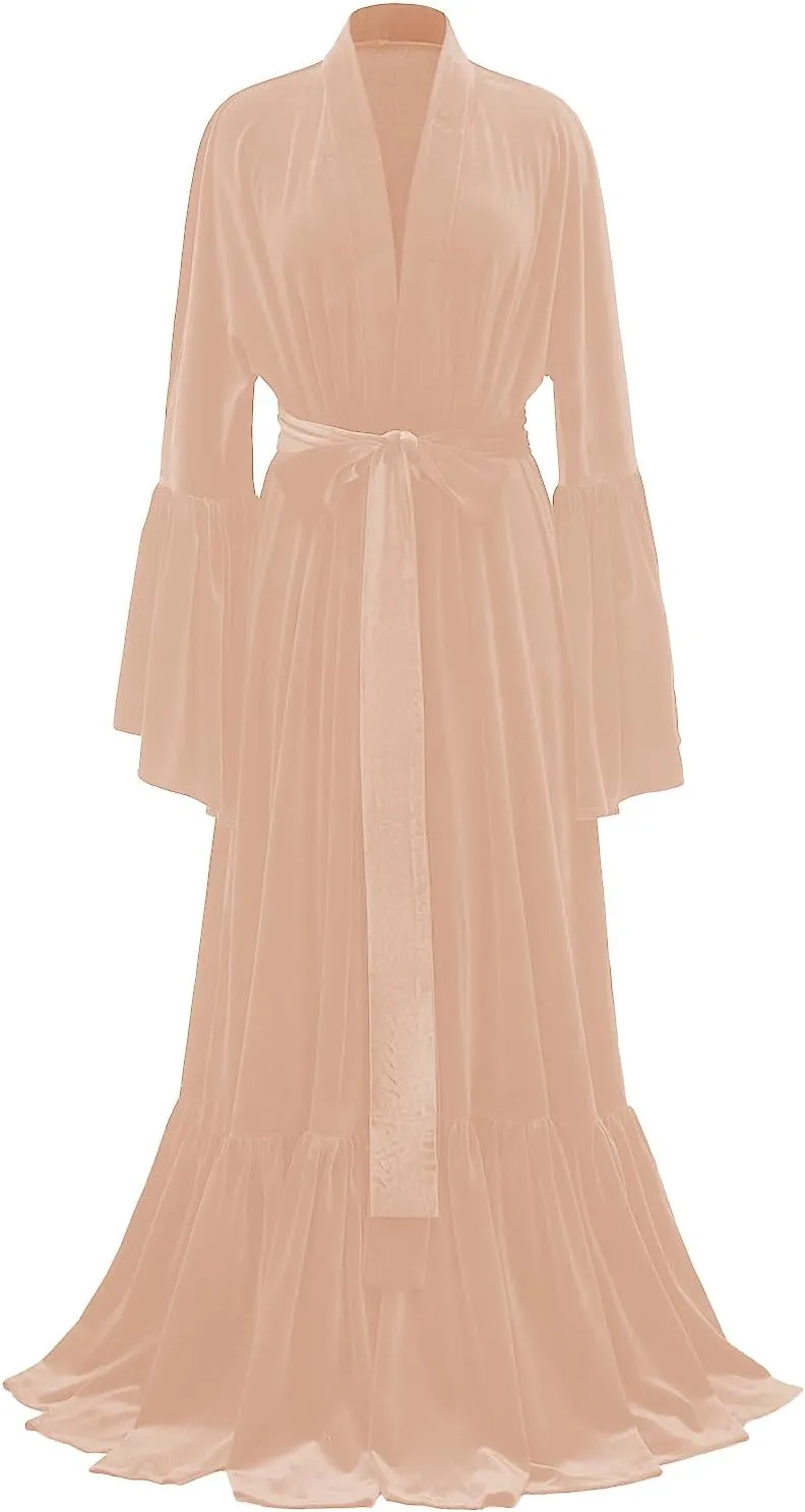Tianzhihe Velvet Bridal Robe Long Flare Sleeves Nightgown Sleepwear Loose Warm Bathgown