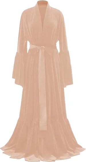 Tianzhihe Velvet Bridal Robe Long Flare Sleeves Nightgown Sleepwear Loose Warm Bathgown