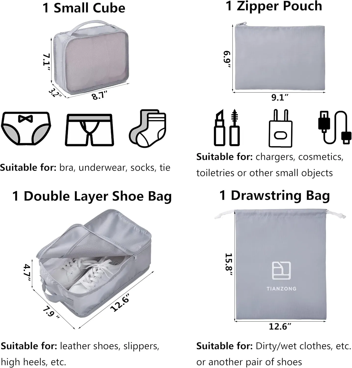 TianZong 7-piece Set Packing Cubes, Travel Bags for Luggage, Packing Organizers with Shoe Bag (Grey)