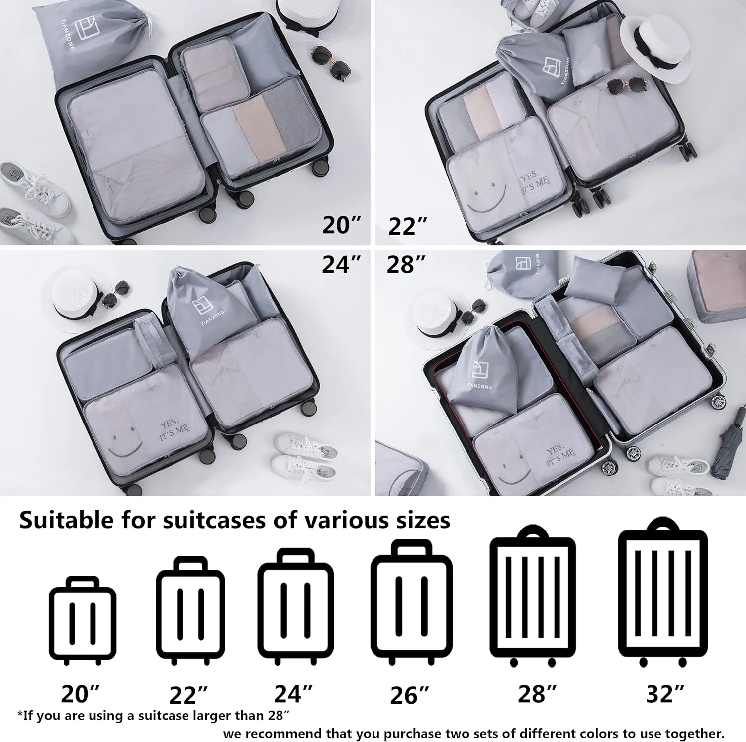 TianZong 7-piece Set Packing Cubes, Travel Bags for Luggage, Packing Organizers with Shoe Bag (Grey)