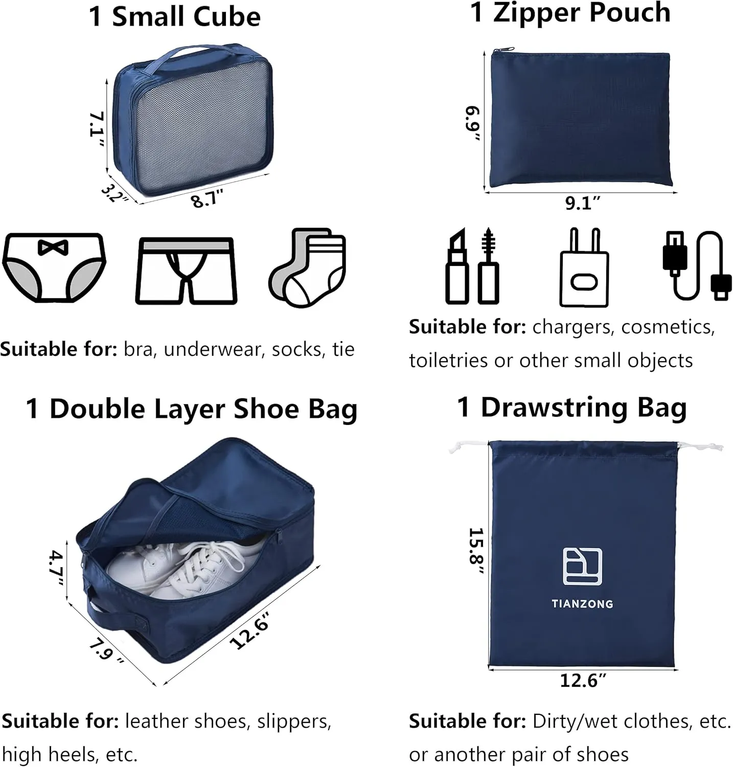 TianZong 7-piece Set Packing Cubes, Travel Bags for Luggage, Packing Organizers with Shoe Bag (Navy Blue)