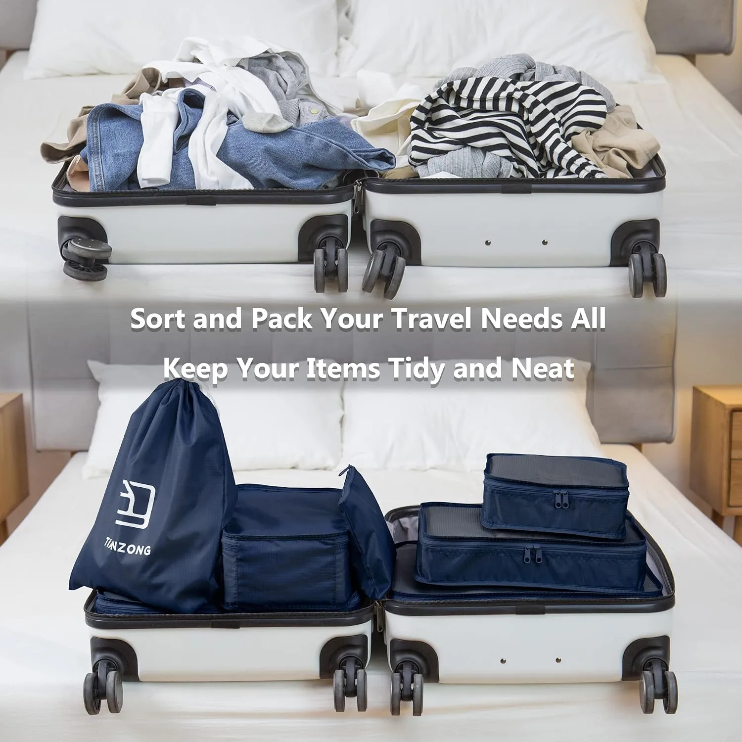 TianZong 7-piece Set Packing Cubes, Travel Bags for Luggage, Packing Organizers with Shoe Bag (Navy Blue)