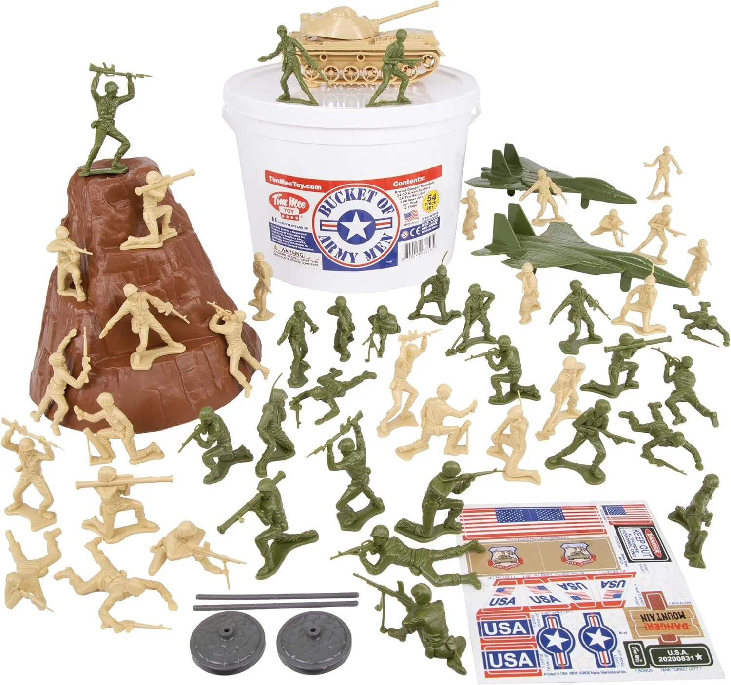 TimMee Bucket of Army Men - Tan vs. OD Green 54pc Soldier Playset - Made in USA