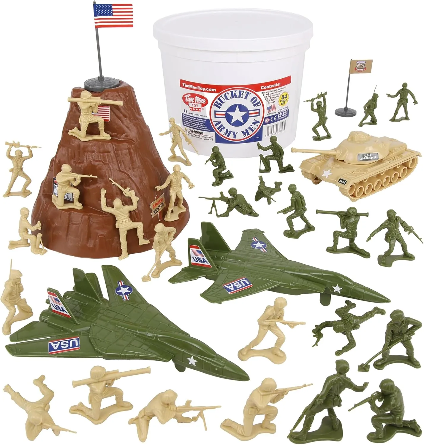 TimMee Bucket of Army Men - Tan vs. OD Green 54pc Soldier Playset - Made in USA