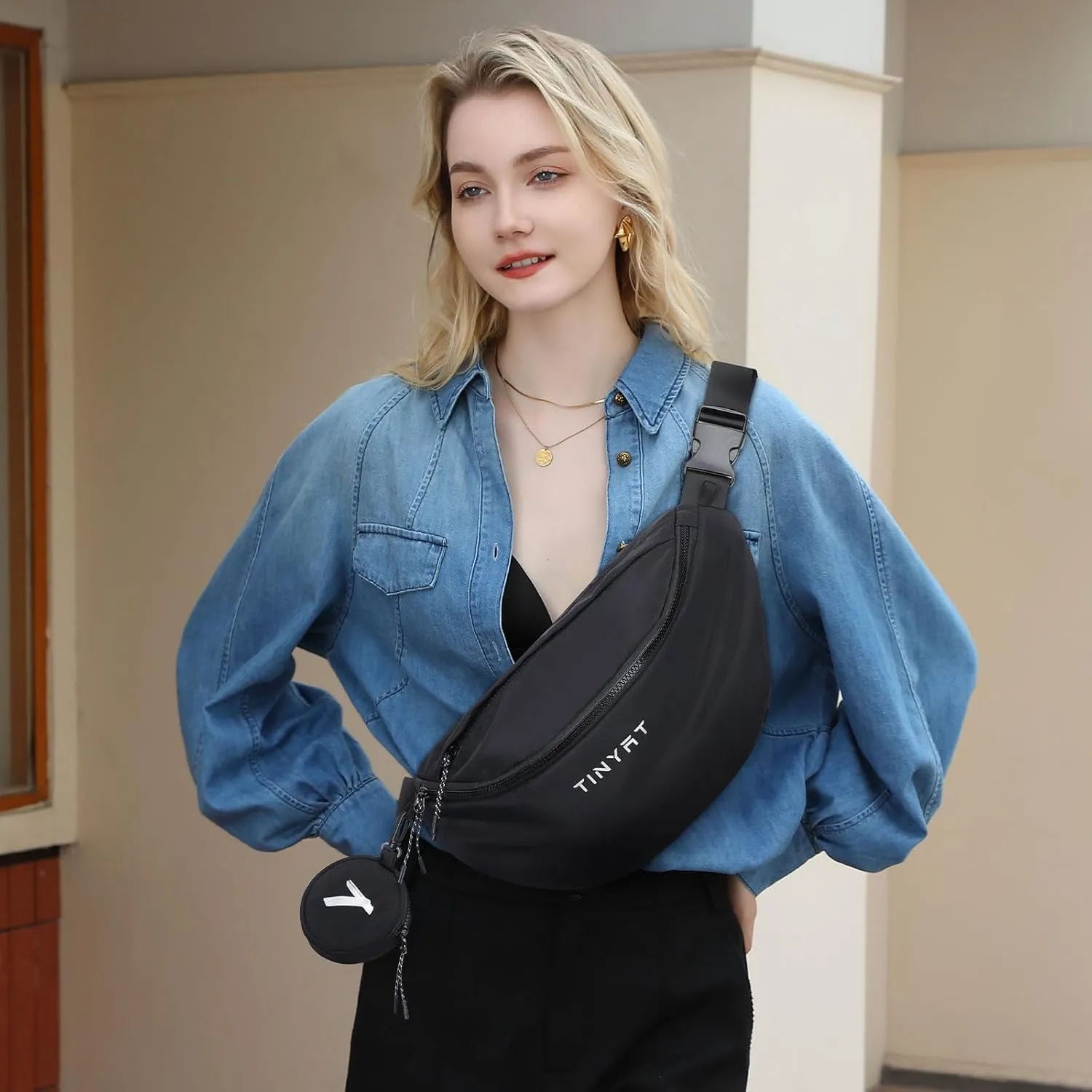 TINYAT Crossbody Fanny Packs for Women Men Waterproof Waist Belt Bag with Coin Pouch Large Chest Bum Pack for Running Travel