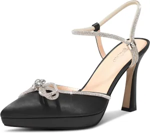 TNYNFBEB Womens Stiletto High Platform Heel Pointed Toe Pumps Ankle Strap Slingback Rhinestone Crystal Bow-Knot Prom Glitter 3.9 Inches Heels