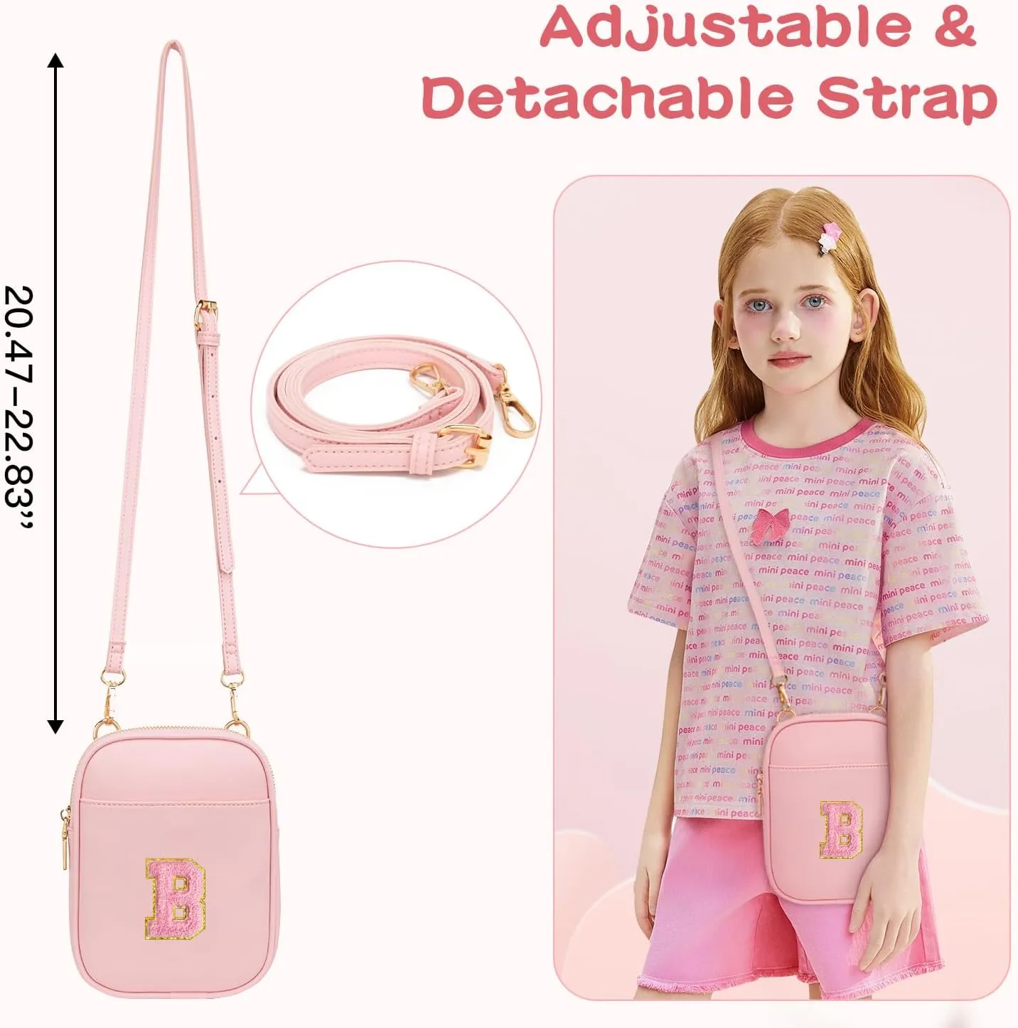 Toddler Purse Initial Crossbody Bags for Girls 3 Pockets PU Leather Cross Body Bag Crossbody Purse Handbag Personalized Preppy Teen Girl Gifts Trendy Stuff (Light Pink B)