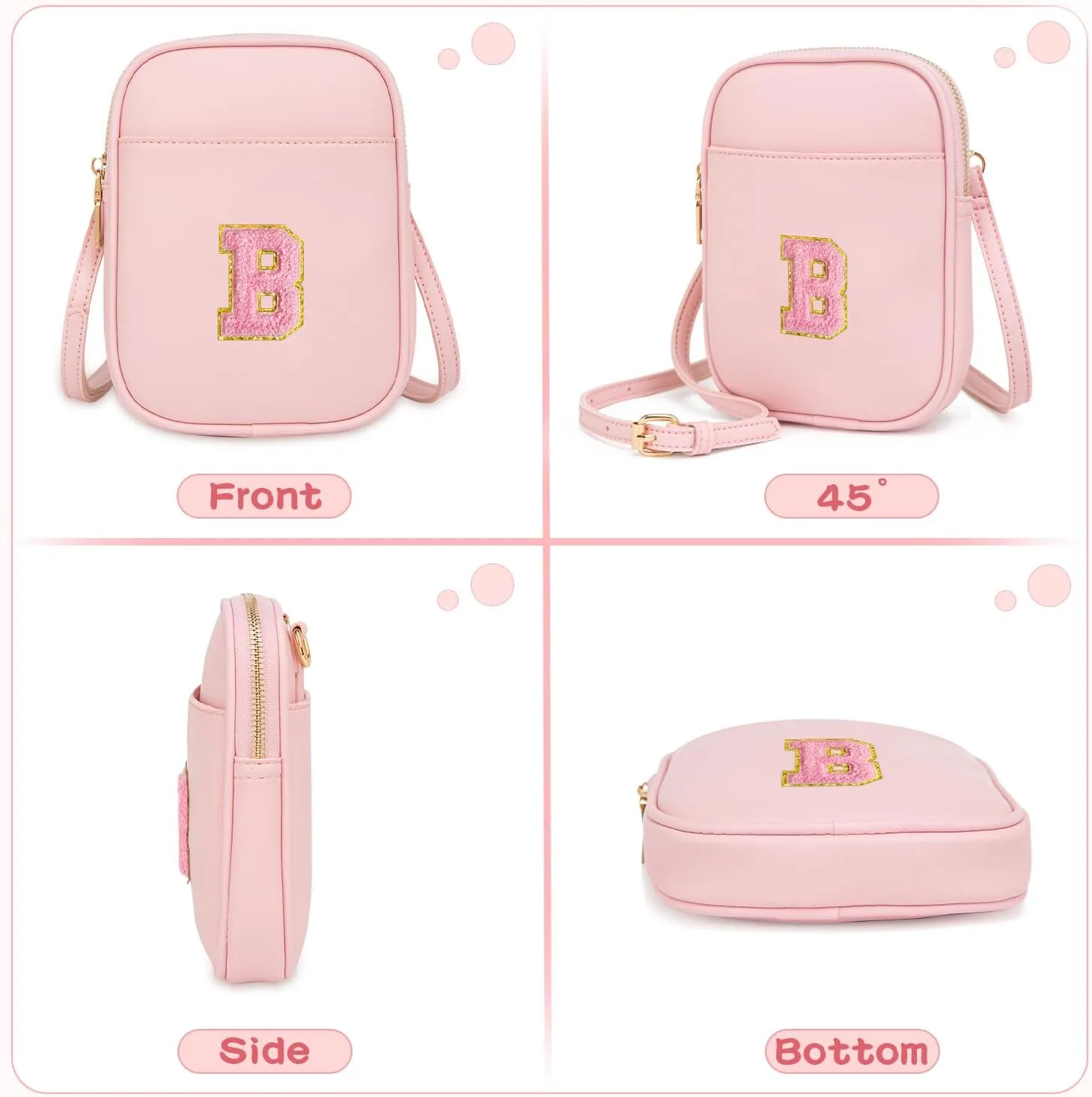 Toddler Purse Initial Crossbody Bags for Girls 3 Pockets PU Leather Cross Body Bag Crossbody Purse Handbag Personalized Preppy Teen Girl Gifts Trendy Stuff (Light Pink B)