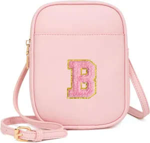Toddler Purse Initial Crossbody Bags for Girls 3 Pockets PU Leather Cross Body Bag Crossbody Purse Handbag Personalized Preppy Teen Girl Gifts Trendy Stuff (Light Pink B)