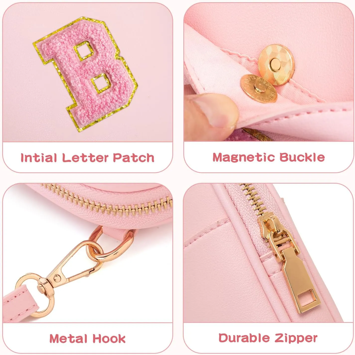 Toddler Purse Initial Crossbody Bags for Girls 3 Pockets PU Leather Cross Body Bag Crossbody Purse Handbag Personalized Preppy Teen Girl Gifts Trendy Stuff (Light Pink B)