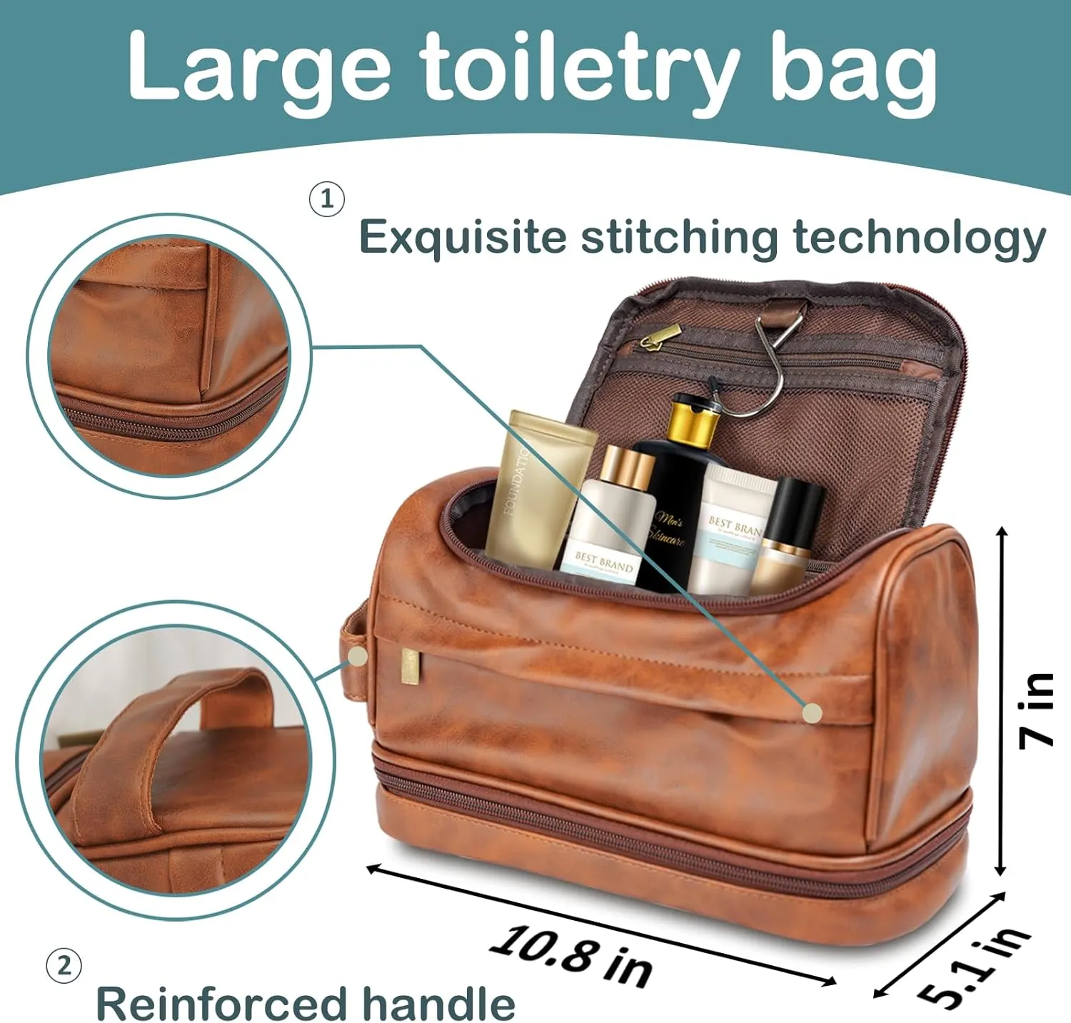 Toiletry Bag for Men, Leather Travel Bag, Waterproof Dopp Kit, Gifts for Him, Boyfriend, Groomsmen, Dad, Traveler, Boys, Grandpa