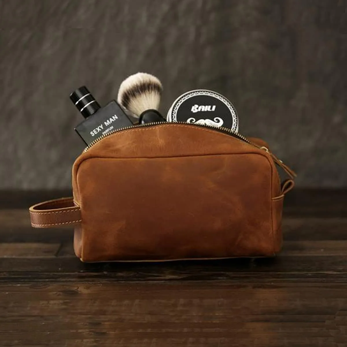 Toiletry Bag for Men or Women, Full Grain Leather Handcrafted Dopp Kit, Vintage Travel Leather Toiletry Travel Pouch, Large Cosmetic Bathroom Travel Shaving Bag, Fully Lined with Cotton Fabric