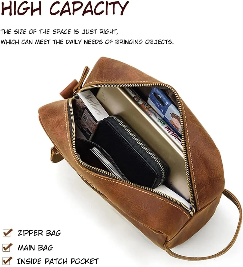 Toiletry Bag for Men or Women, Full Grain Leather Handcrafted Dopp Kit, Vintage Travel Leather Toiletry Travel Pouch, Large Cosmetic Bathroom Travel Shaving Bag, Fully Lined with Cotton Fabric