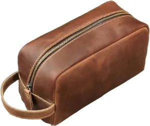 Toiletry Bag for Men or Women, Full Grain Leather Handcrafted Dopp Kit, Vintage Travel Leather Toiletry Travel Pouch, Large Cosmetic Bathroom Travel Shaving Bag, Fully Lined with Cotton Fabric