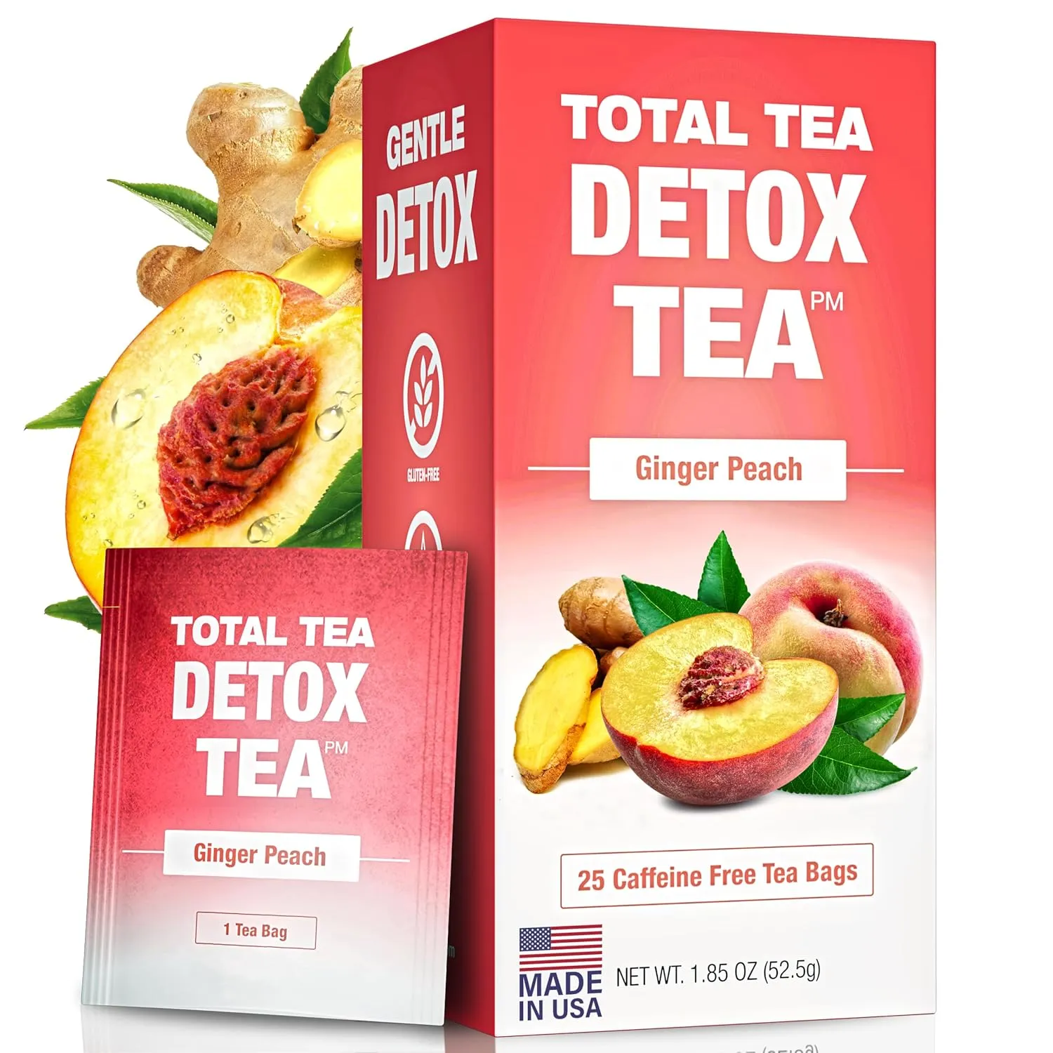 Total Tea SIimming Detox Caffeine Free - 25 Day Detox - Herbal SIim Tea with Chamomile, Hibiscus Tea & Ginger Root for Colon Cleanse – Natural Herbal Ginger & Peach for Digestive Health (25-Pack, Ginger & Peach)