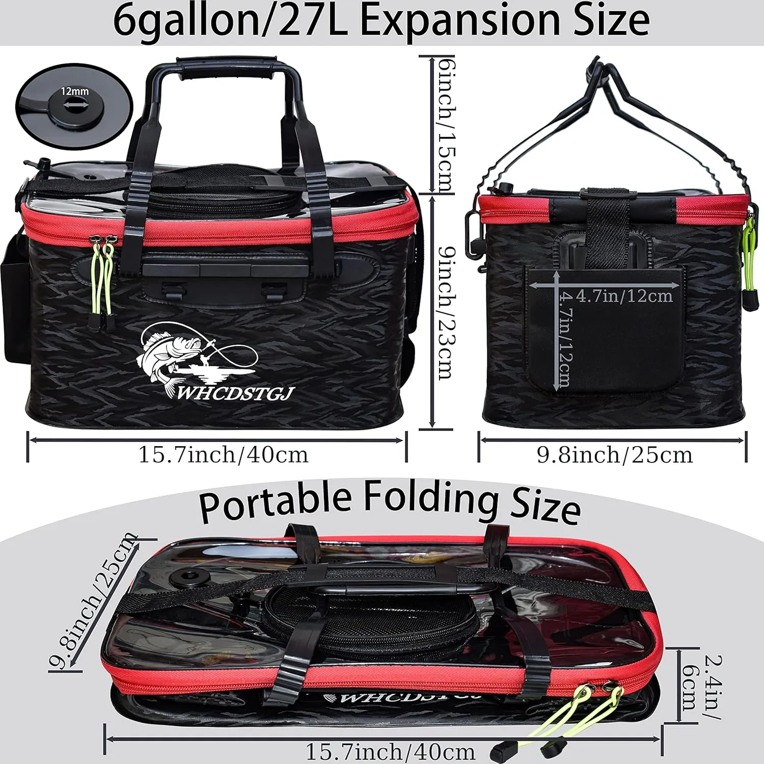 Transparent Top Cover Fishing Bucket, Foldable Fish Bait Bucket, Multifunctional Minnow Bucket, Live Fish Container, Fish Protection Bucket, Outdoor Camping Fishing Bag. (Black, 6 Gallon)