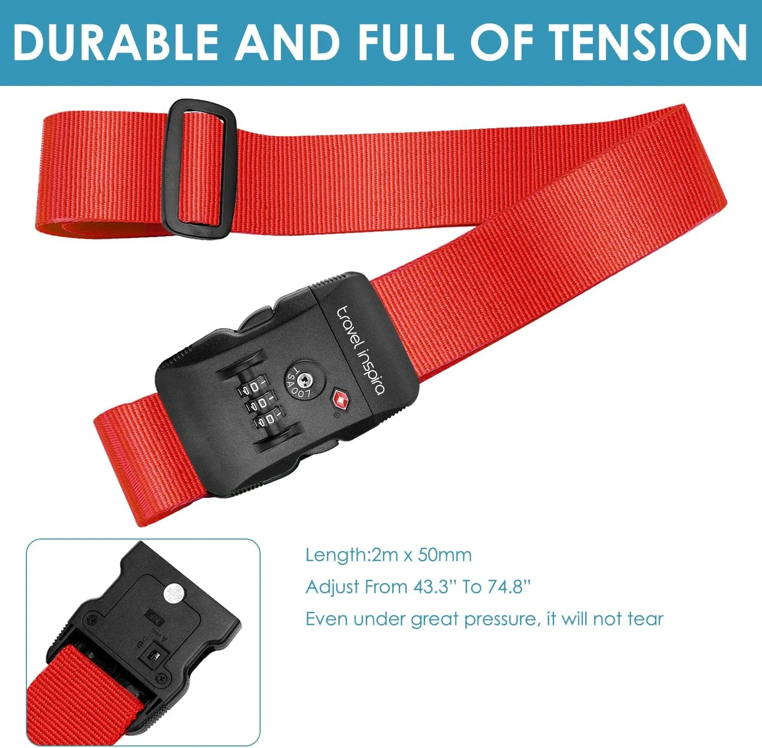 Travel Inspira Luggage Straps for Suitcases with TSA Lock, Protect Your Luggage Anti-Burst, High Visibility Color, Easy to Identify Luggage Adjustable Heavy Duty Belt for 20-32 Inch Suitcases