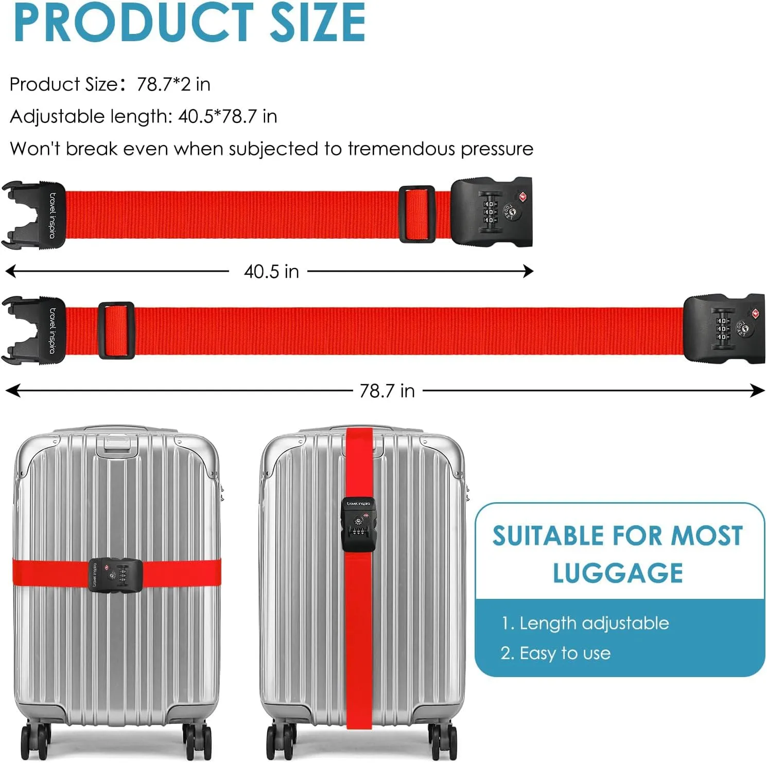 Travel Inspira Luggage Straps for Suitcases with TSA Lock, Protect Your Luggage Anti-Burst, High Visibility Color, Easy to Identify Luggage Adjustable Heavy Duty Belt for 20-32 Inch Suitcases