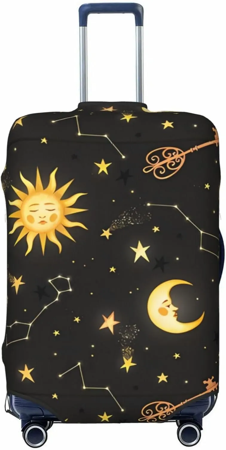 Travel Luggage Cover Elastic Wash Stretch Boho Sun Moon Stars Constellations Suitcase Protector Bag,Anti-Scratch Dust-Proof With Zipper Closure Baggage Covers For Wheeled Suitcase Kid Adult
