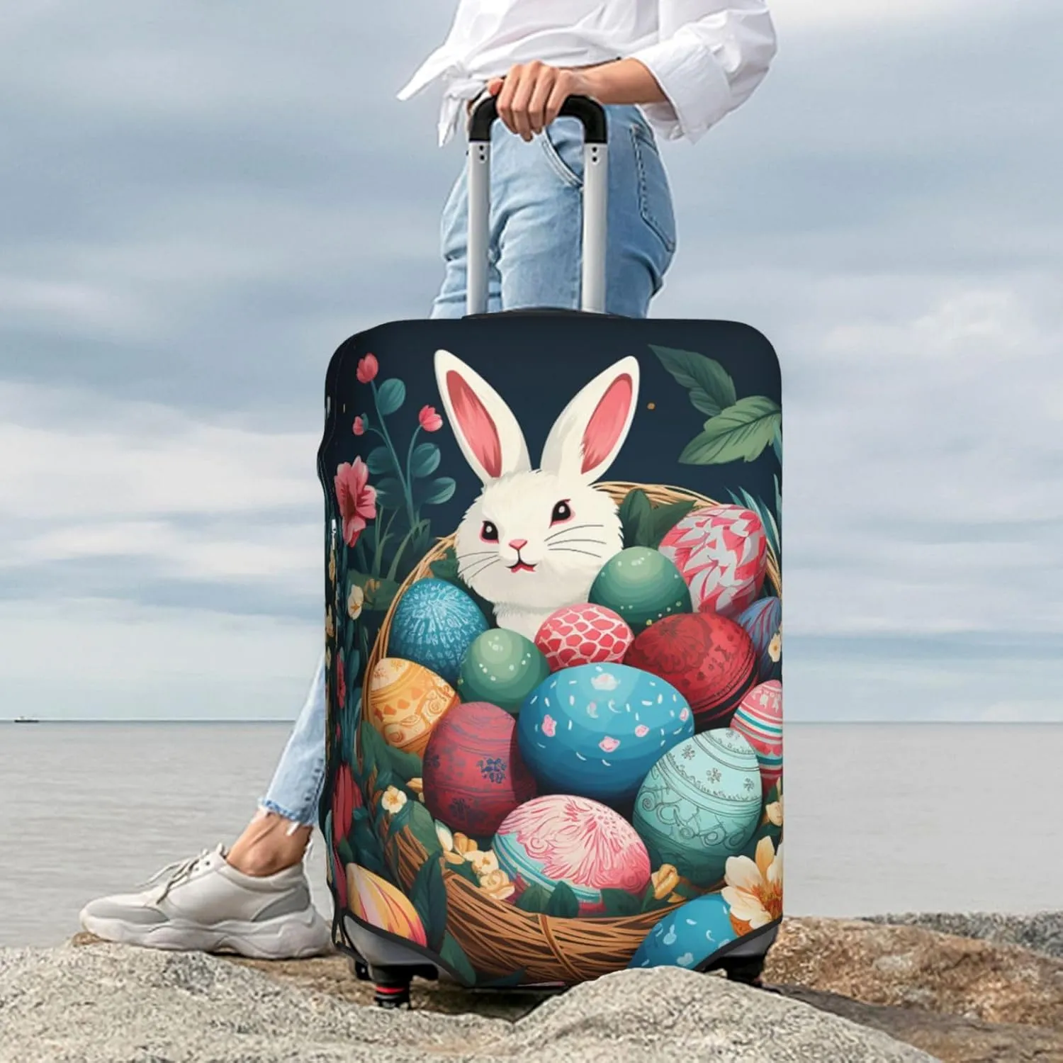 Travel Luggage Cover Elastic Washable Suitcase Cover Fashion Scratch-Resistant Baggage Covers Basket and Easter Eggs Suitcase Protector Fit 18-32 Inch Luggage