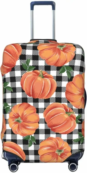 Travel Luggage Cover Suitcase Elastic Washable Autumn Pumpkins Checkered Suitcase Protector Bag,Anti-Scratch Double-Sided Baggage Covers,Large
