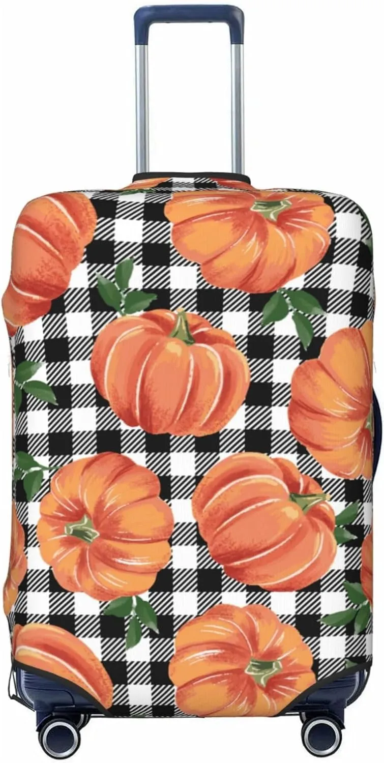 Travel Luggage Cover Suitcase Elastic Washable Autumn Pumpkins Checkered Suitcase Protector Bag,Anti-Scratch Double-Sided Baggage Covers,Large