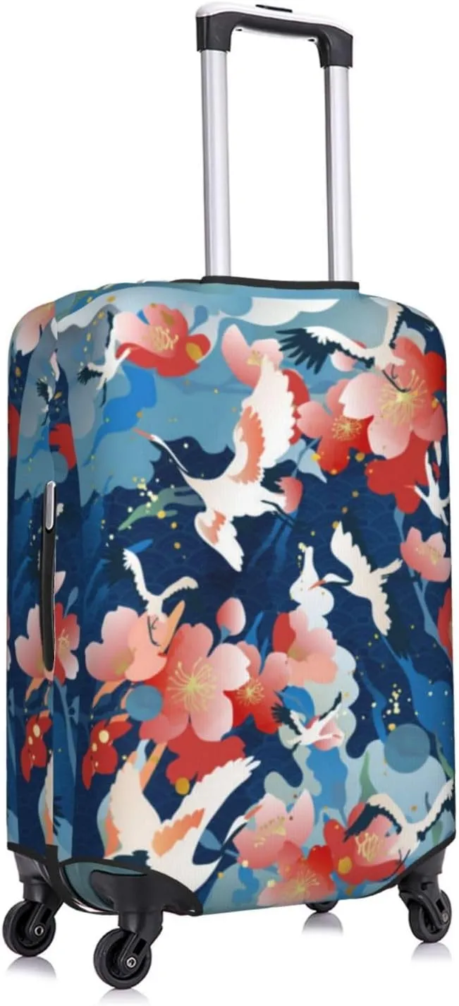 Travel Luggage Cover Suitcase Elastic Washable Chinese Crane Bird Peach Flower Blossom Suitcase Protector Bag,Dust-Proof Double-Sided Baggage Covers,X-Large