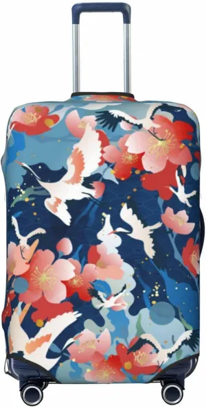 Travel Luggage Cover Suitcase Elastic Washable Chinese Crane Bird Peach Flower Blossom Suitcase Protector Bag,Dust-Proof Double-Sided Baggage Covers,X-Large