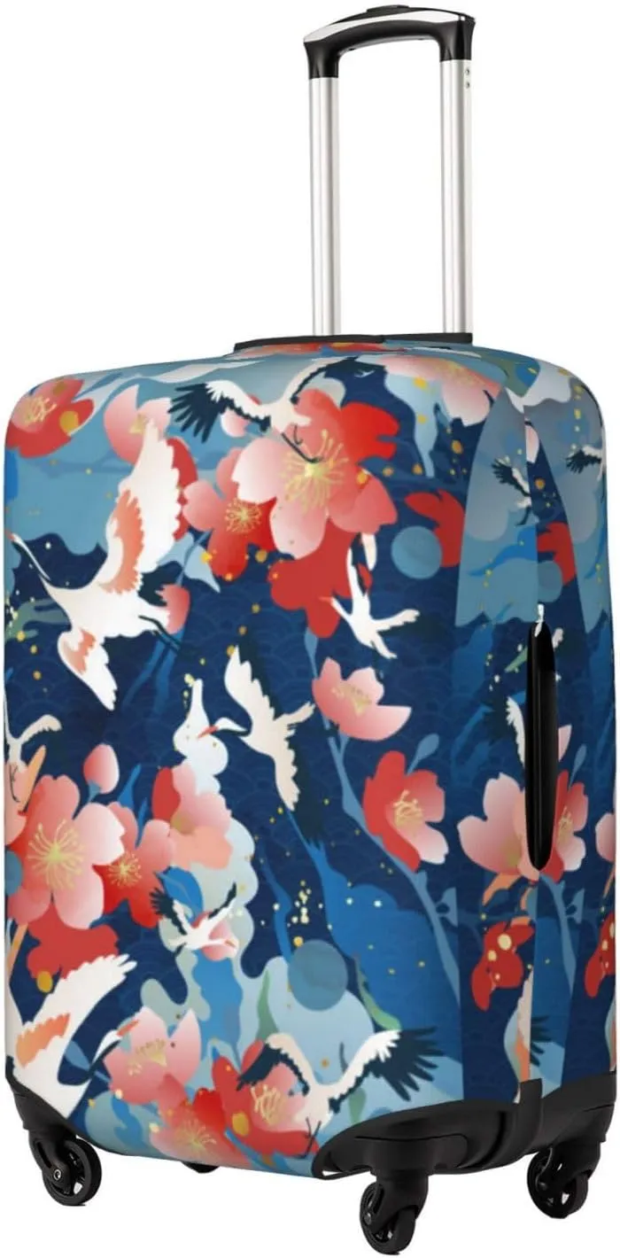 Travel Luggage Cover Suitcase Elastic Washable Chinese Crane Bird Peach Flower Blossom Suitcase Protector Bag,Dust-Proof Double-Sided Baggage Covers,X-Large