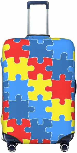 Travel Luggage Cover Suitcase Elastic Washable Colorful Jigsaw Puzzle Pieces Autism Suitcase Protector Bag,Dust-Proof With Zipper Closure Baggage Covers,Medium