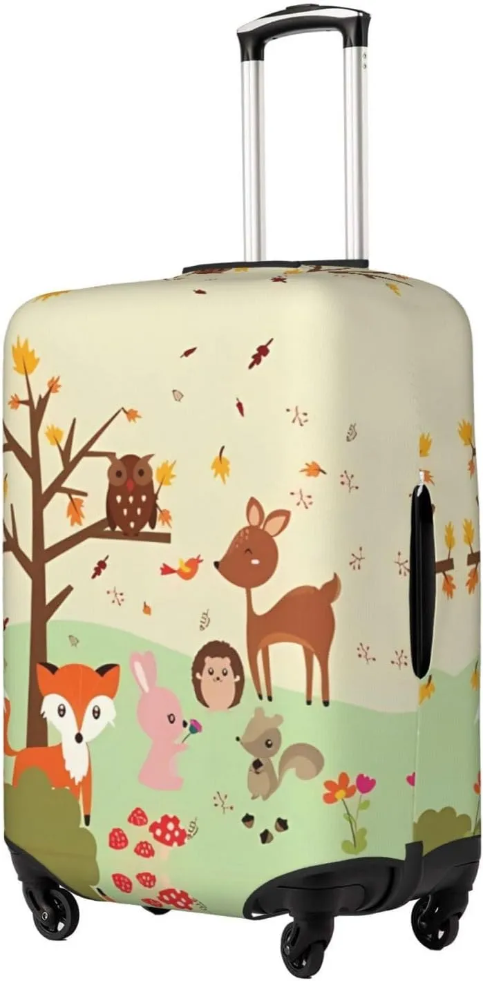 Travel Luggage Cover Suitcase Elastic Washable Stretch Autumn Cute Forest Animals Fox Owl Deer Suitcase Protector Bag,Anti-Scratch Dust-Proof With Zipper Closure Baggage Covers,Medium