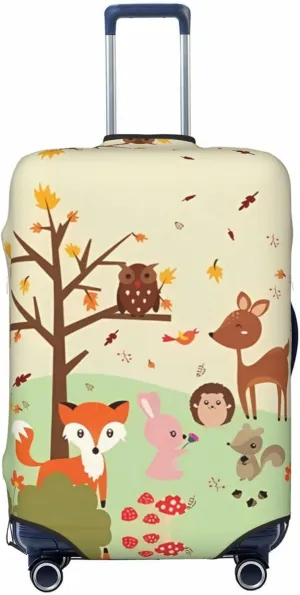 Travel Luggage Cover Suitcase Elastic Washable Stretch Autumn Cute Forest Animals Fox Owl Deer Suitcase Protector Bag,Anti-Scratch Dust-Proof With Zipper Closure Baggage Covers,Medium