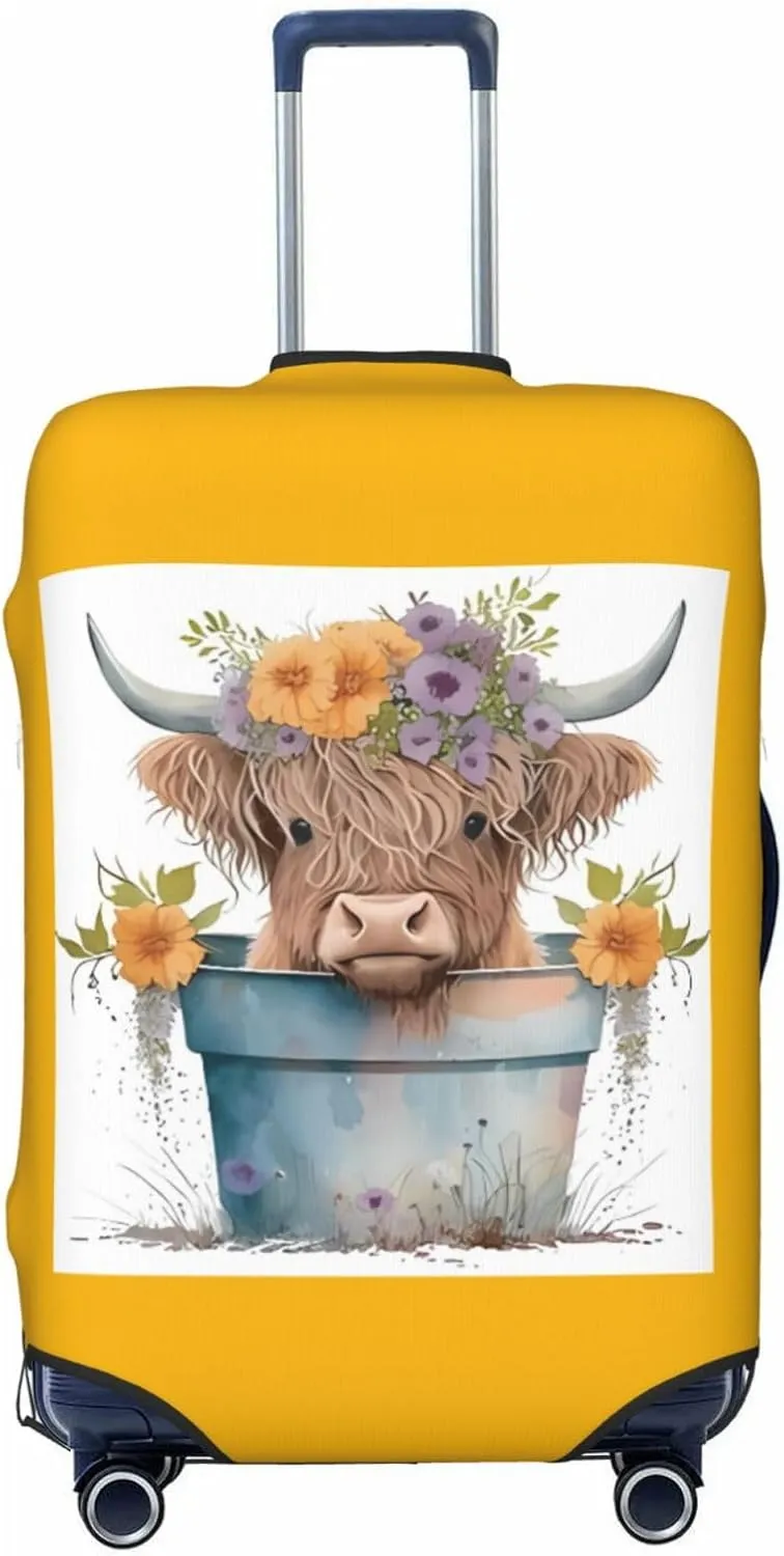 Travel Luggage Cover Suitcase Elastic Washable Stretch Baby Highland Cow Yellow Suitcase Protector Bag,Anti-Scratch Spandex With Zipper Closure Baggage Covers For Wheeled Suitcase Kid Adult,X-Large