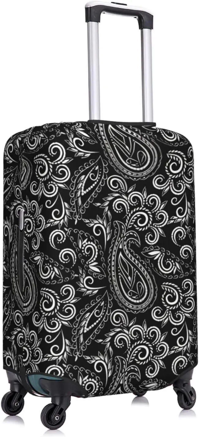Travel Luggage Cover Suitcase Elastic Washable Stretch Black Paisley Flowers Ethnic Suitcase Protector Bag,Anti-Scratch Spandex Double-Sided Baggage Covers For Wheeled Suitcase Kid Adult