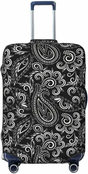 Travel Luggage Cover Suitcase Elastic Washable Stretch Black Paisley Flowers Ethnic Suitcase Protector Bag,Anti-Scratch Spandex Double-Sided Baggage Covers For Wheeled Suitcase Kid Adult