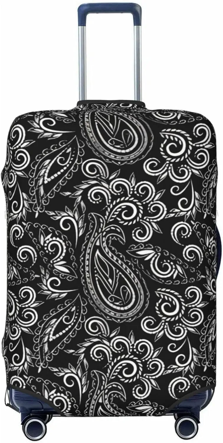 Travel Luggage Cover Suitcase Elastic Washable Stretch Black Paisley Flowers Ethnic Suitcase Protector Bag,Anti-Scratch Spandex Double-Sided Baggage Covers For Wheeled Suitcase Kid Adult
