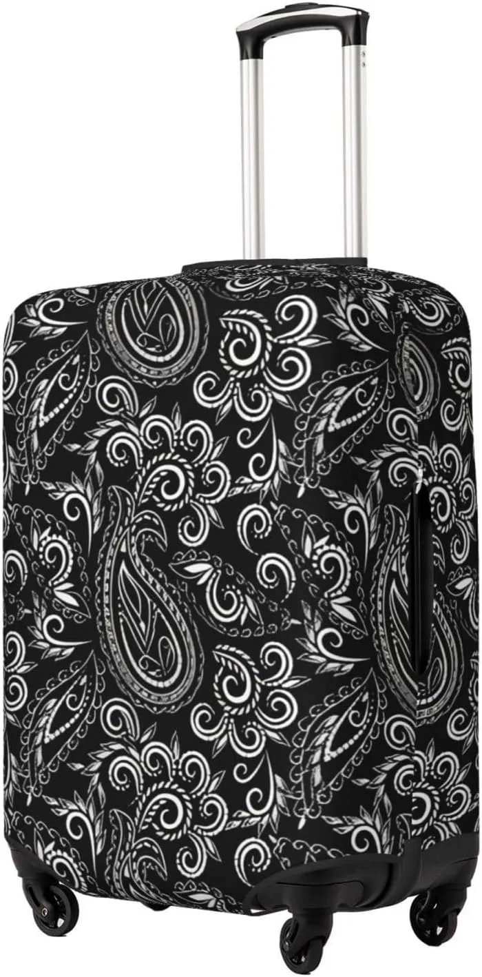 Travel Luggage Cover Suitcase Elastic Washable Stretch Black Paisley Flowers Ethnic Suitcase Protector Bag,Anti-Scratch Spandex Double-Sided Baggage Covers For Wheeled Suitcase Kid Adult