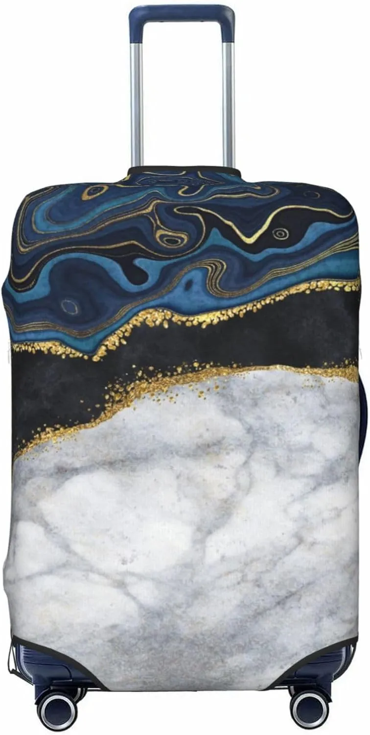 Travel Luggage Cover Suitcase Elastic Washable Stretch Blue Agate Golden White Black Marble Suitcase Protector Bag,Anti-Scratch Spandex Double-Sided Baggage Covers,Medium
