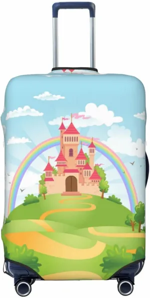 Travel Luggage Cover Suitcase Elastic Washable Stretch Cartoon Castle With Rainbow Suitcase Protector Bag,Anti-Scratch Dust-Proof Double-Sided Baggage Covers For Wheeled Suitcase Kid Adult,X-Large