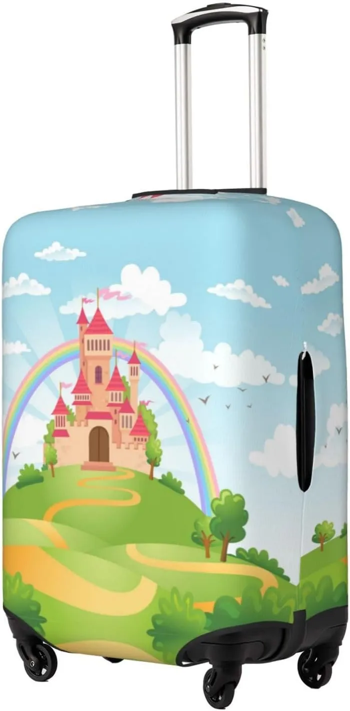Travel Luggage Cover Suitcase Elastic Washable Stretch Cartoon Castle With Rainbow Suitcase Protector Bag,Anti-Scratch Dust-Proof Double-Sided Baggage Covers For Wheeled Suitcase Kid Adult,X-Large