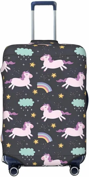 Travel Luggage Cover Suitcase Elastic Washable Stretch Cartoon Horses Cloud Rainbow Suitcase Protector Bag,Anti-Scratch Spandex Double-Sided Baggage Covers For Wheeled Suitcase Kid Adult