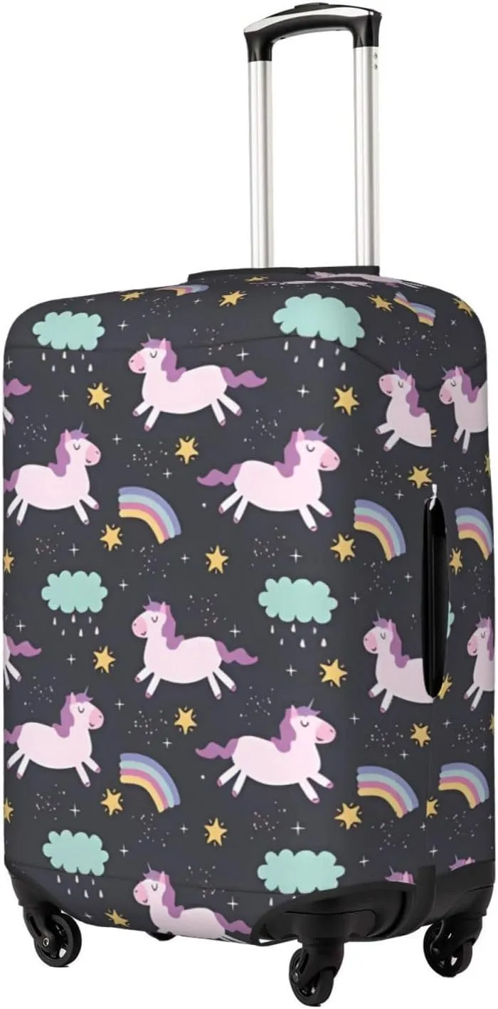 Travel Luggage Cover Suitcase Elastic Washable Stretch Cartoon Horses Cloud Rainbow Suitcase Protector Bag,Anti-Scratch Spandex Double-Sided Baggage Covers For Wheeled Suitcase Kid Adult