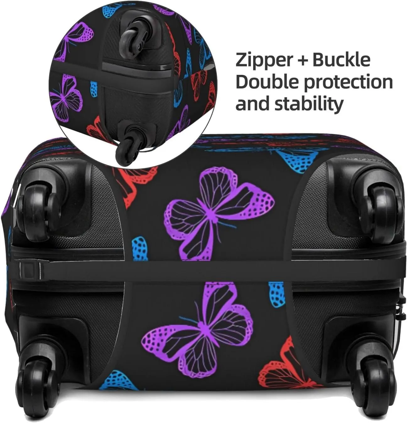 Travel Luggage Cover Suitcase Elastic Washable Stretch Colorful Butterflies Black Suitcase Protector Bag,Anti-Scratch Spandex With Zipper Closure Baggage Covers For Wheeled Suitcase Kid Adult